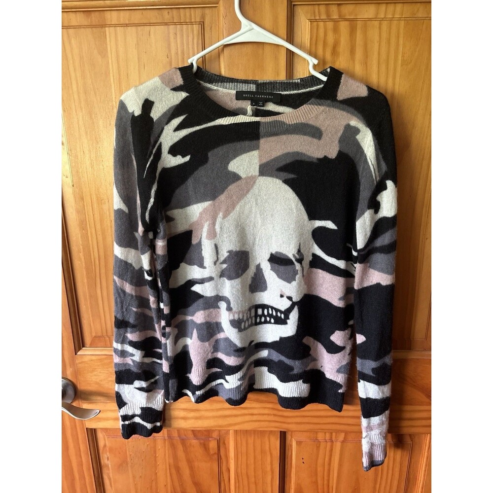 Skull Cashmere Lucy Camo Skull Print Sweater Gray/Pink/Black Long Sleeve Sz S